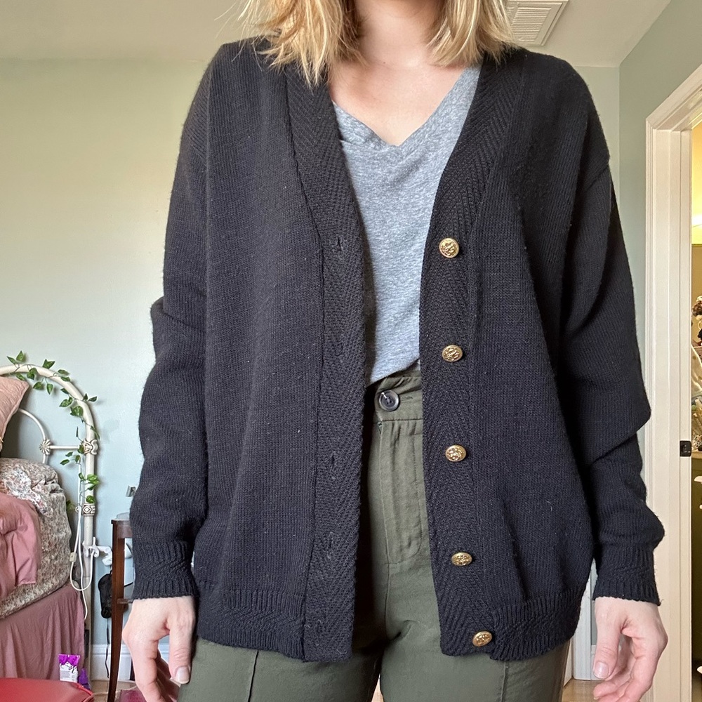 Vintage Black V-Neck Button-Front Women's Cardigan with Brassy Buttons